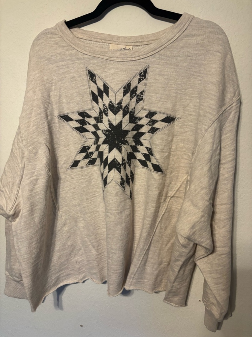 Universal Thread Quilt Star Graphic Sweatshirt 2X NWT Oatmeal Oversized Boho